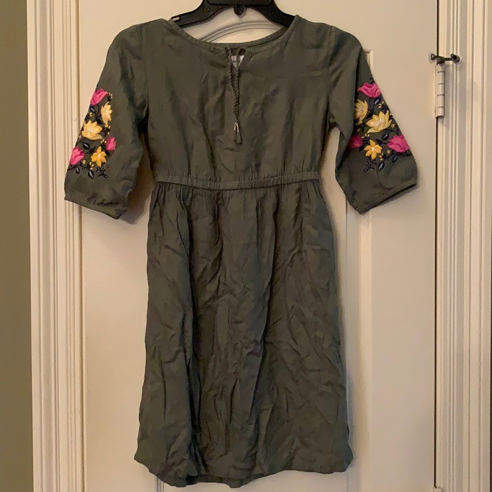Olive green dress with flower design sleeves